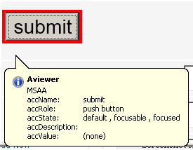 A focused submit button in a web page, with a ballon tooltip showing its relevant MSAA properties