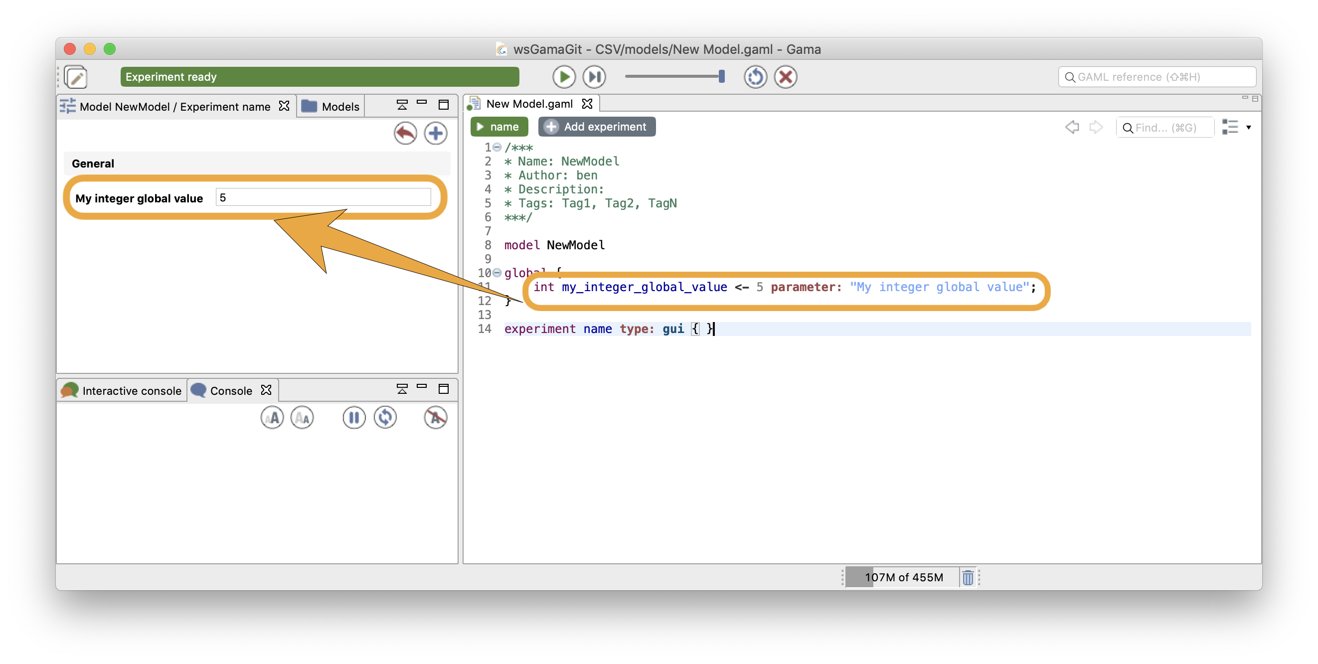 The Parameter View with a single parameter.