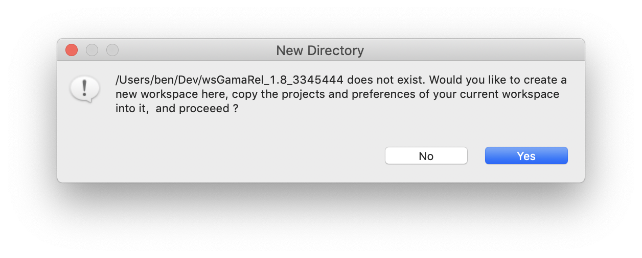 Dialog box waiting for the user to confirm he/she wants to clone the current workspace in a new workspace.