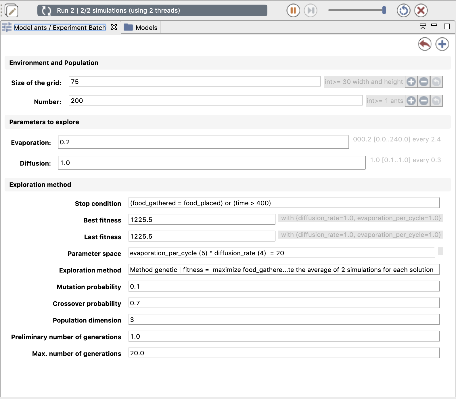 The batch UI for a genetic exploration method.