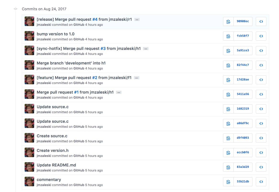 screen shot of github's commit log